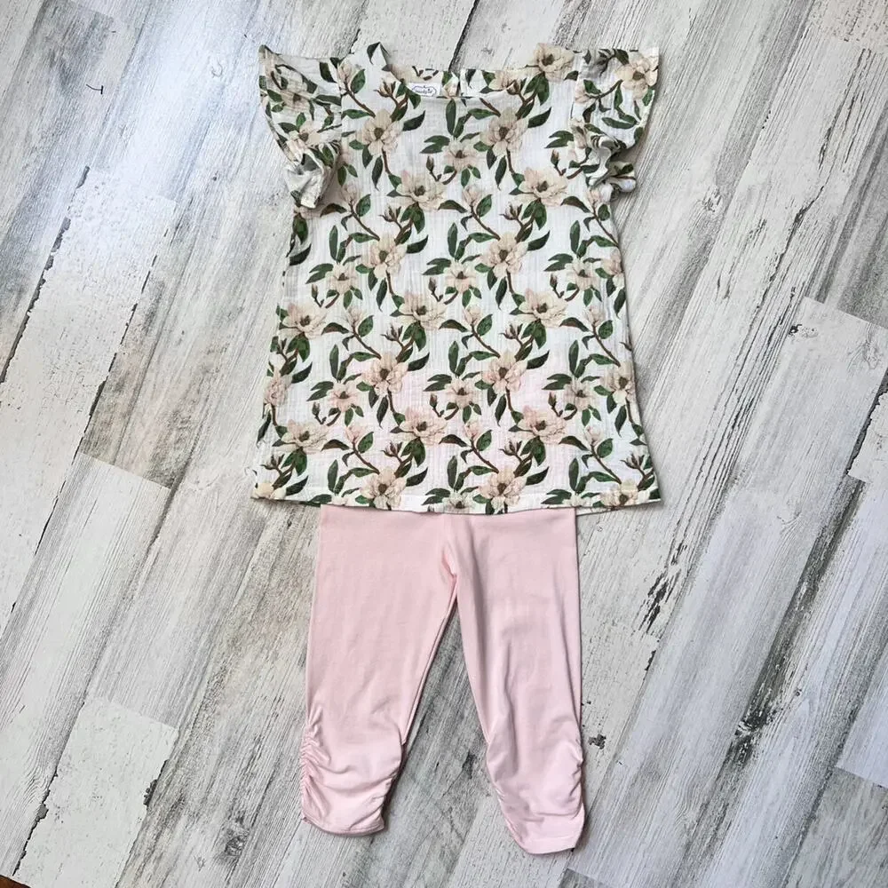 Mud Pie Girls Tunic & Capri Set Size 5T Magnolia Floral Cotton Gauze Outfit New